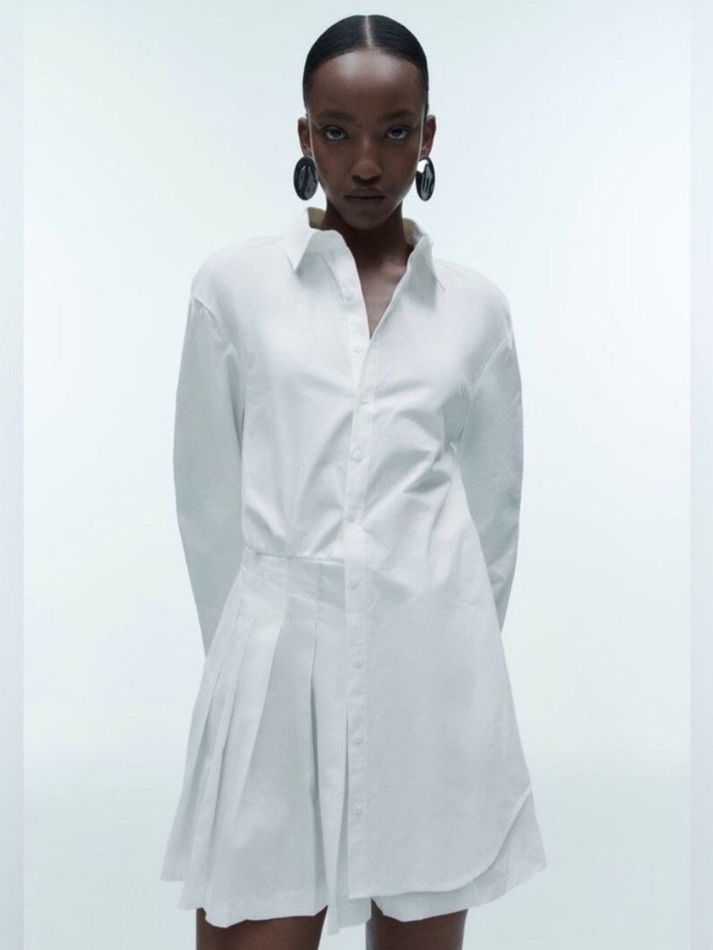 Zara White Pleated Shirt Mini Dress